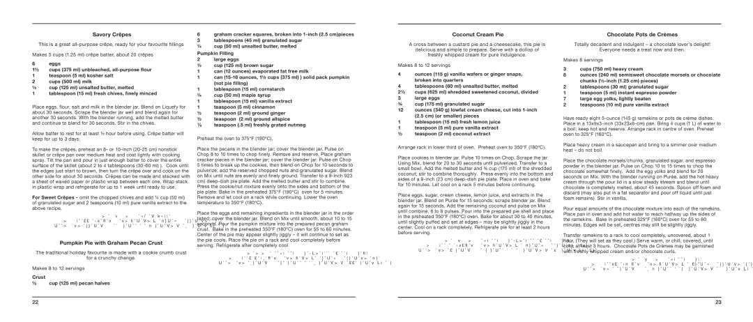 Cuisinart SB-5600C manual Savory Crêpes, Pumpkin Pie with Graham Pecan Crust, Coconut Cream Pie, Chocolate Pots de Crèmes 