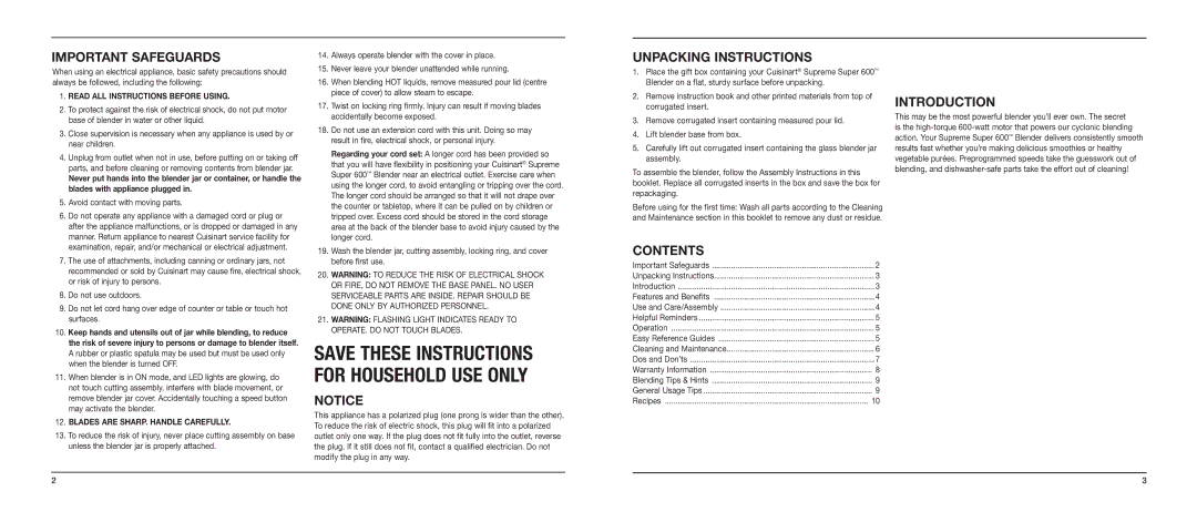 Cuisinart SB-5600C manual Important Safeguards, Unpacking Instructions, Contents, Introduction 