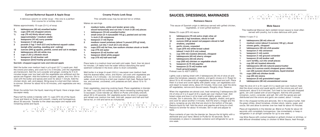 Cuisinart SB-5600C manual SAUCES, DRESSINGS, Marinades, Curried Butternut Squash & Apple Soup, Creamy Potato Leek Soup 