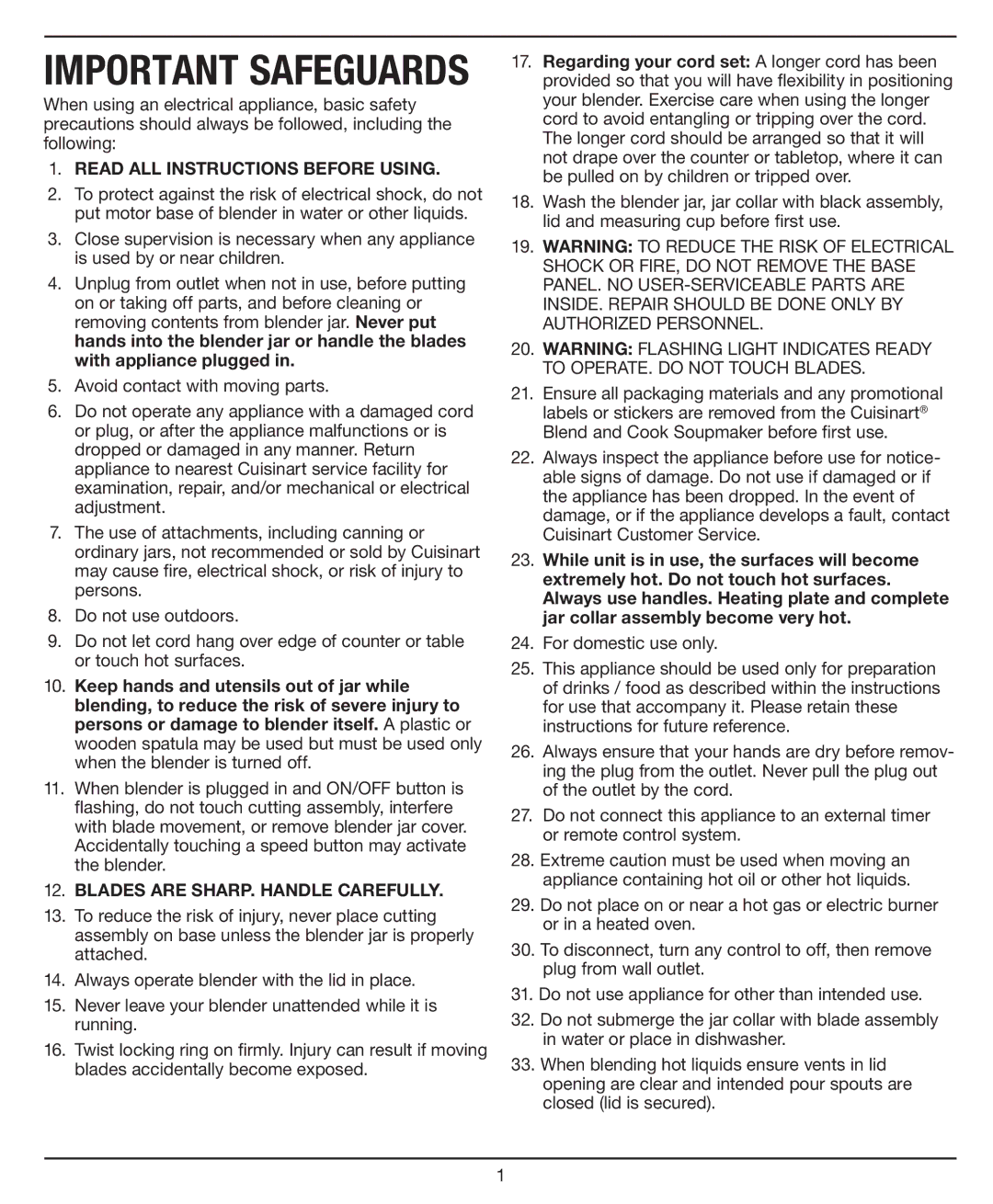 Cuisinart SBC1000, SBC-1000, Blend and Cook Soupmaker manual Important Safeguards, Read ALL Instructions Before Using 