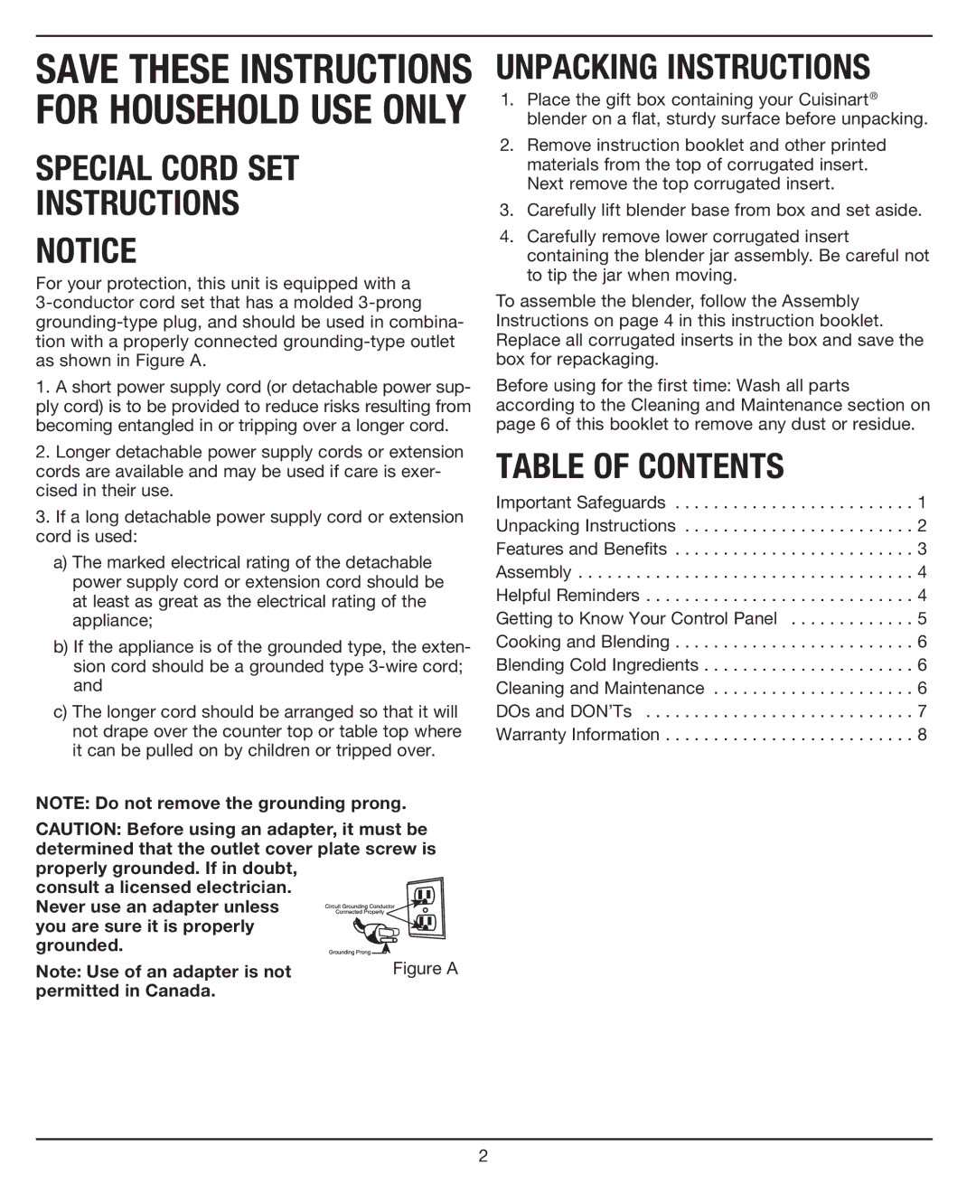 Cuisinart SBC-1000, SBC1000 manual Special Cord SET Instructions, Unpacking Instructions, Table of Contents 