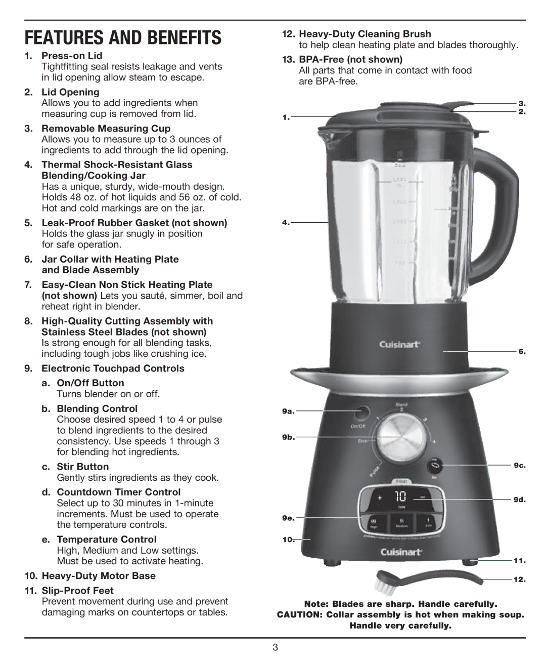 Cuisinart Blend and Cook Soupmaker, SBC1000 manual Features and Benefits, Thermal Shock-Resistant Glass Blending/Cooking Jar 