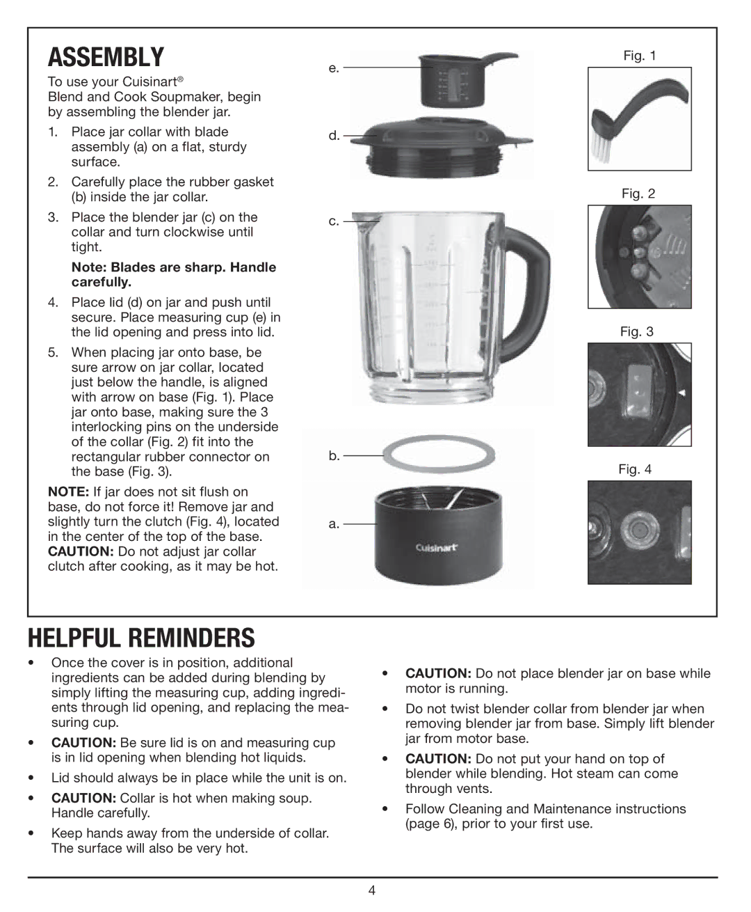 Cuisinart SBC1000, SBC-1000, Blend and Cook Soupmaker manual Assembly, Helpful Reminders 