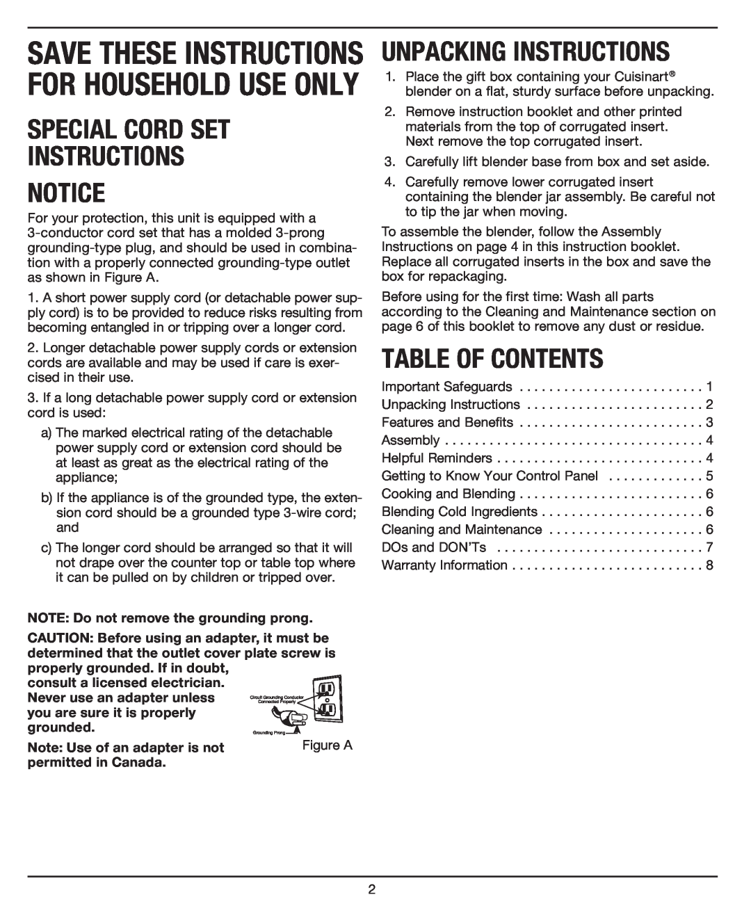 Cuisinart SBC-1000, SBC1000 manual Special Cord Set Instructions, Unpacking Instructions, Table Of Contents 