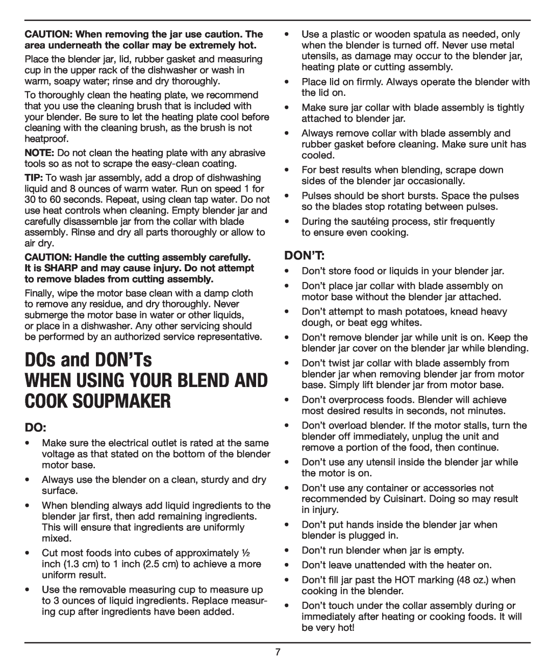 Cuisinart SBC1000, SBC-1000, Blend and Cook Soupmaker manual DOs and DON’Ts, When Using Your Blend And Cook Soupmaker, Don’T 