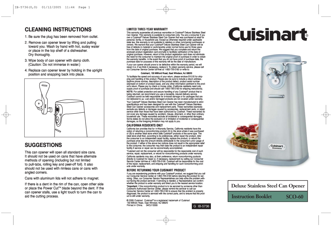 Cuisinart IB-5736 warranty Cleaning Instructions, Suggestions, Instruction Booklet, SCO-60, Limited Three-Year Warranty 