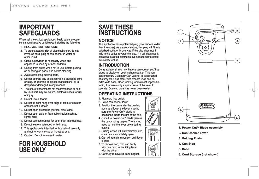 Cuisinart GHI0303IB-1-1, SCO-60, IB-5736 Introduction, Operating Instructions, For Household Use Only, Important Safeguards 
