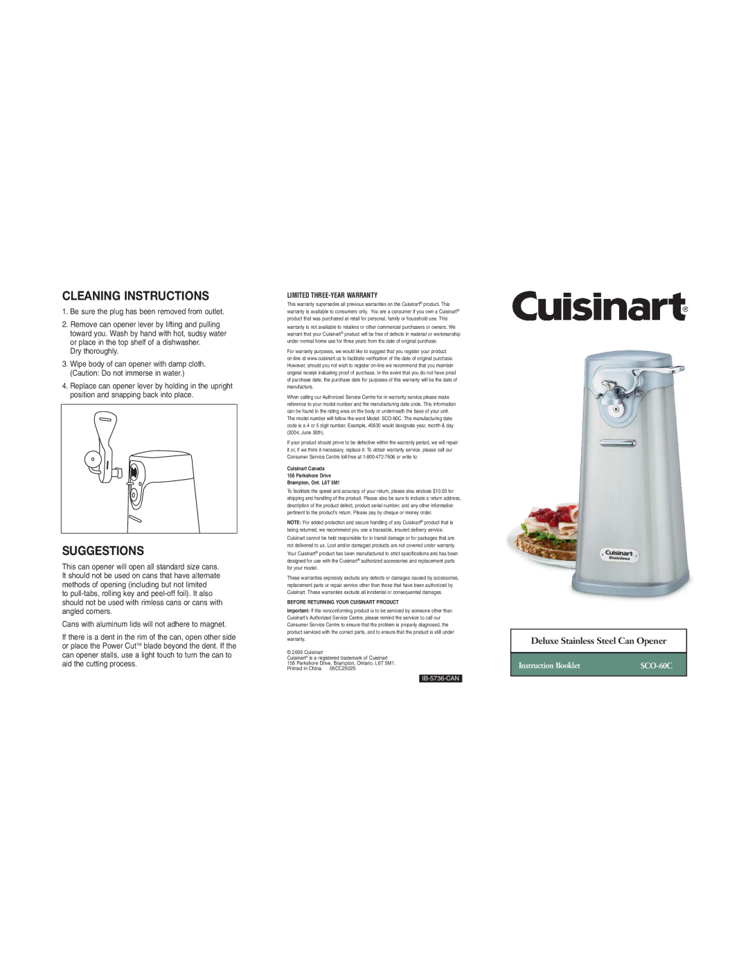 Cuisinart SCO-60C warranty Cleaning Instructions, Suggestions, Be sure the plug has been removed from outlet 