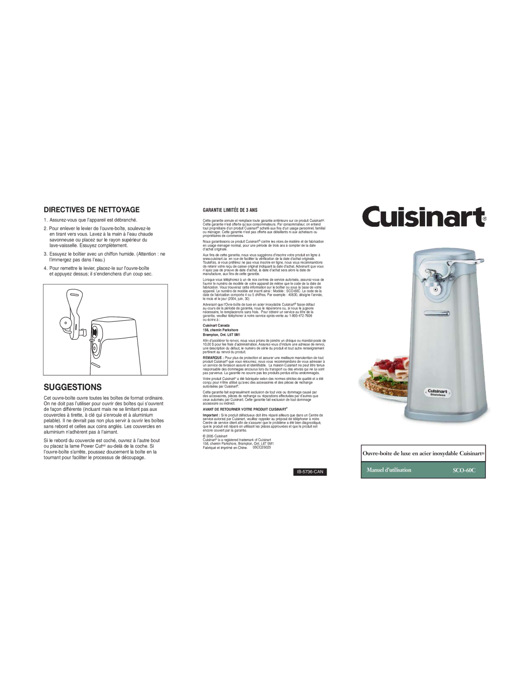 Cuisinart SCO-60C warranty Directives DE Nettoyage, Garantie Limitée DE 3 ANS 