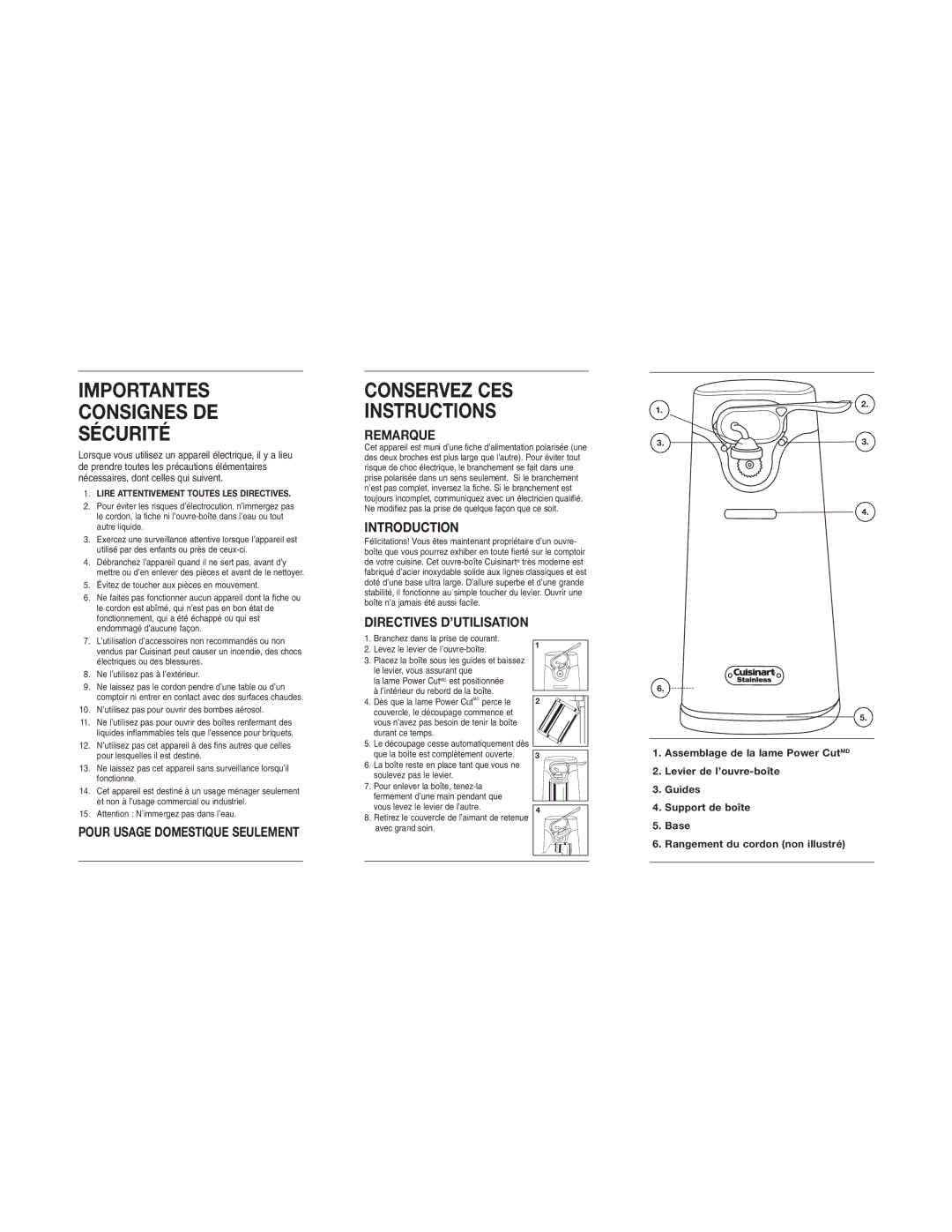 Cuisinart SCO-60C warranty Remarque, Introduction, Directives D’UTILISATION, Pour Usage Domestique Seulement 