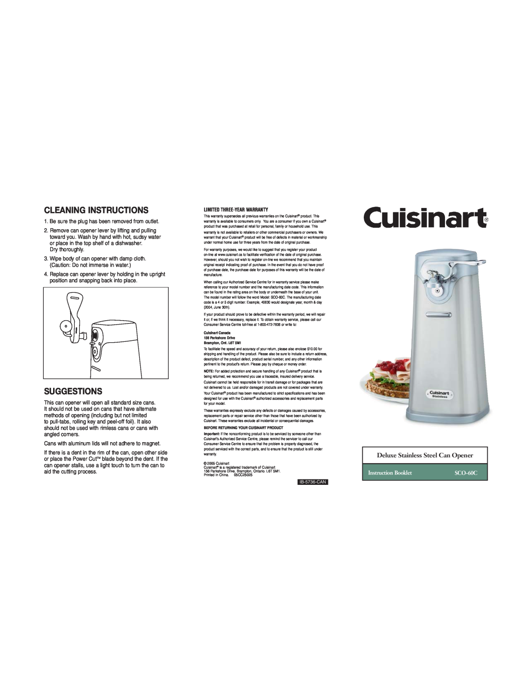 Cuisinart SCO-60C warranty Cleaning Instructions, Suggestions, Instruction Booklet, Deluxe Stainless Steel Can Opener 