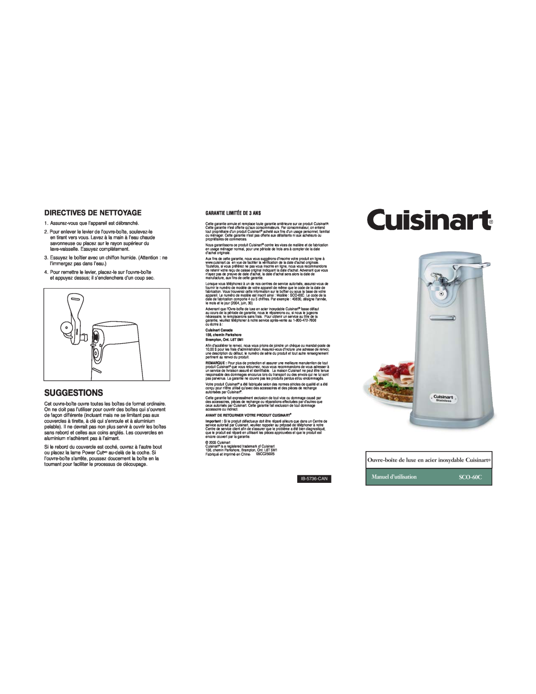 Cuisinart SCO-60C warranty Directives De Nettoyage, Manuel d’utilisation, Suggestions, GARANTIE LIMITÉE DE 3 ANS 