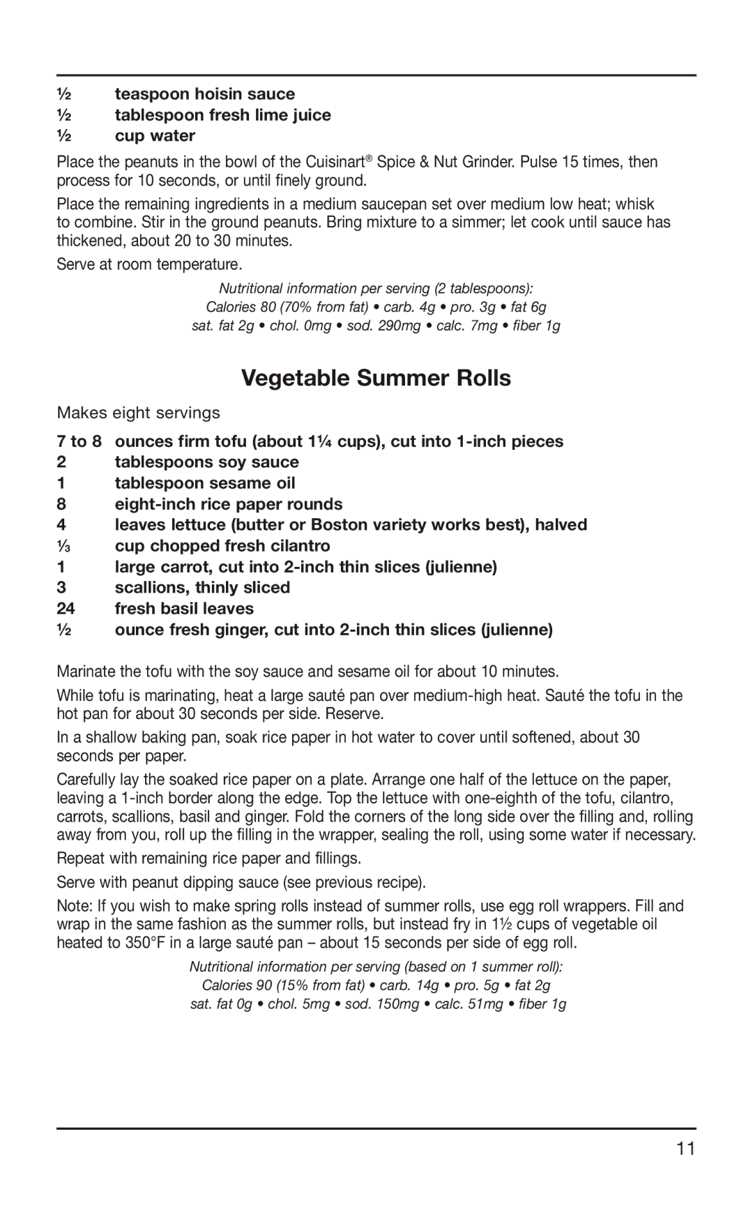 Cuisinart SG-10 manual Vegetable Summer Rolls 