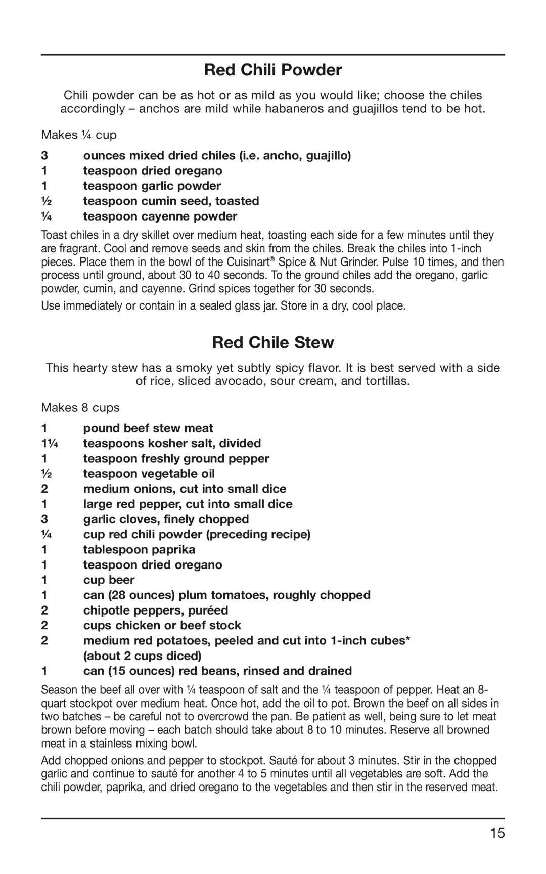 Cuisinart SG-10 manual Red Chili Powder, Red Chile Stew 