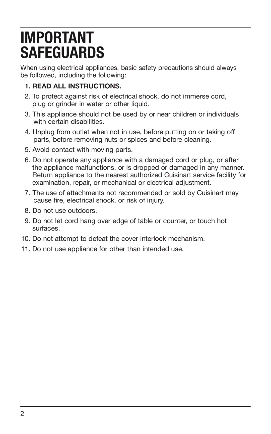 Cuisinart SG-10 manual Safeguards 