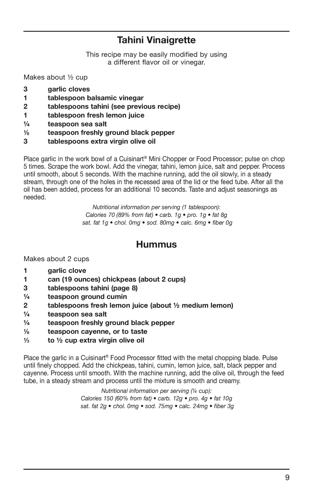 Cuisinart SG-10 manual Tahini Vinaigrette, Hummus 