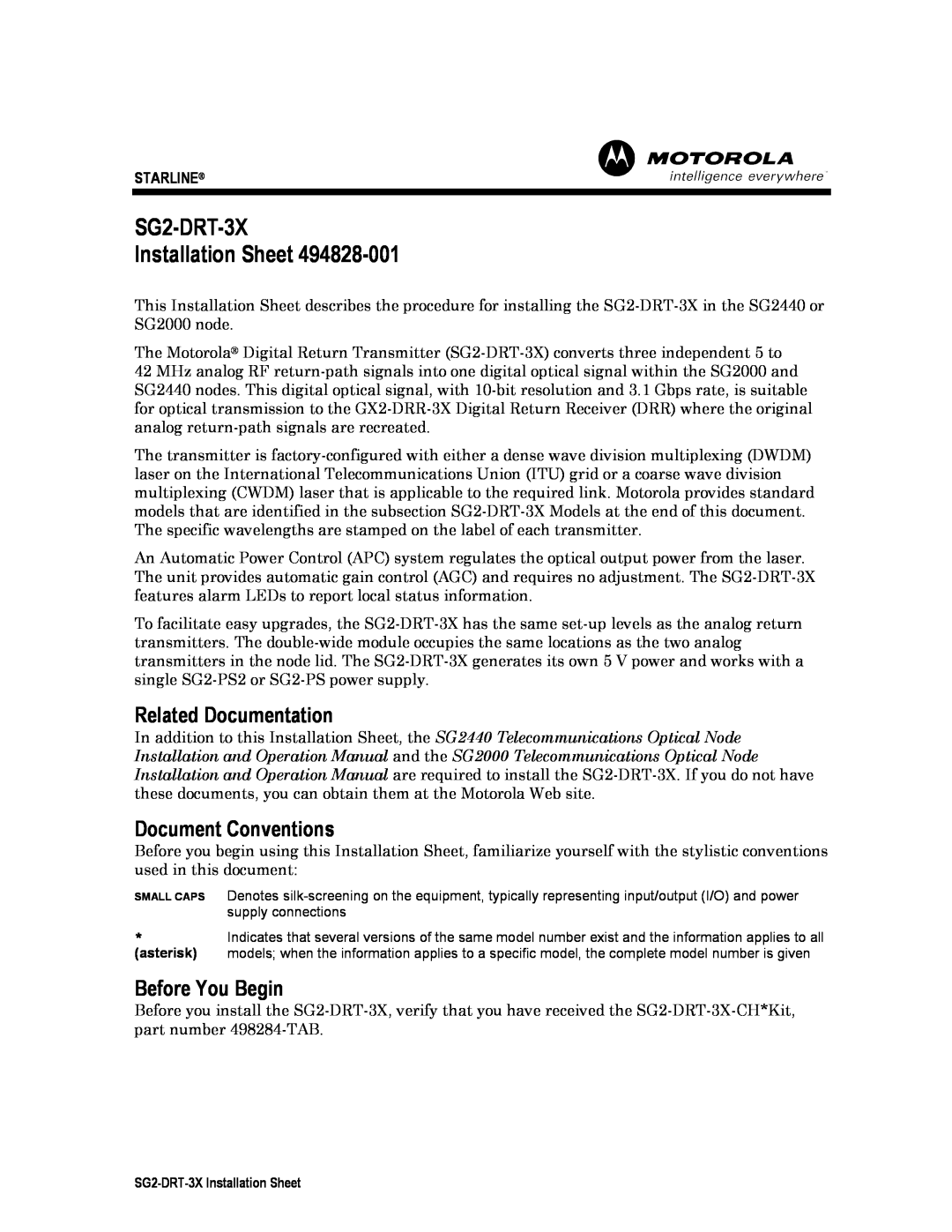 Cuisinart SG2-DRT-3X operation manual Related Documentation, Document Conventions, Before You Begin, Starline 