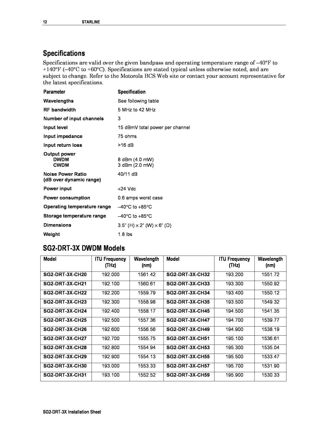 Cuisinart operation manual Specifications, SG2-DRT-3XDWDM Models, Parameter 