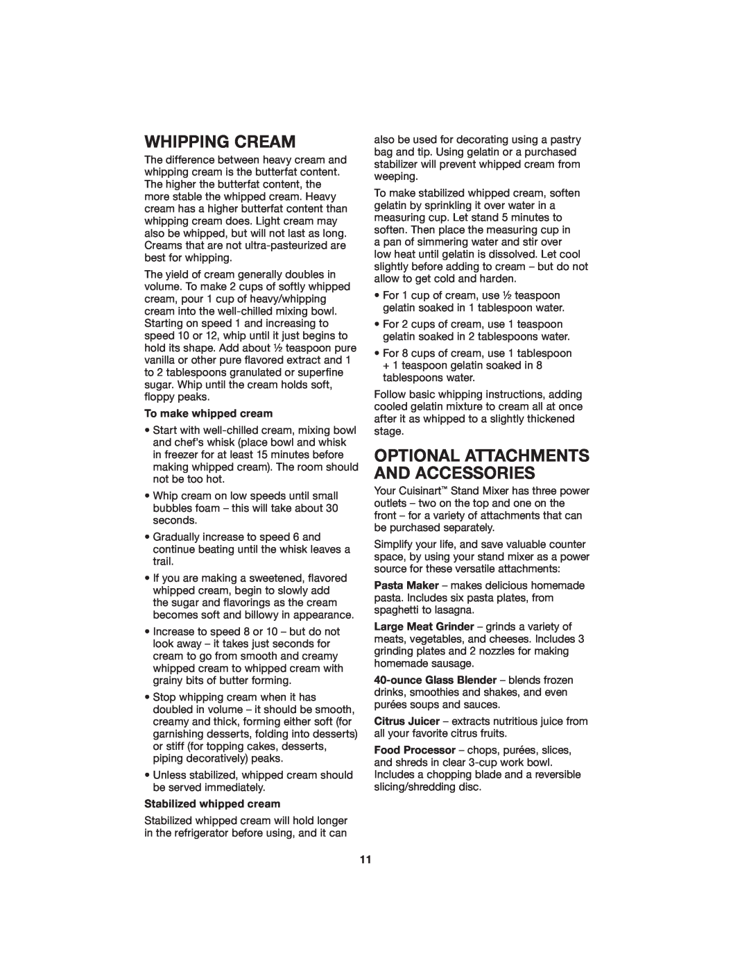 Cuisinart SM-55BK manual Whipping Cream, Optional Attachments And Accessories 