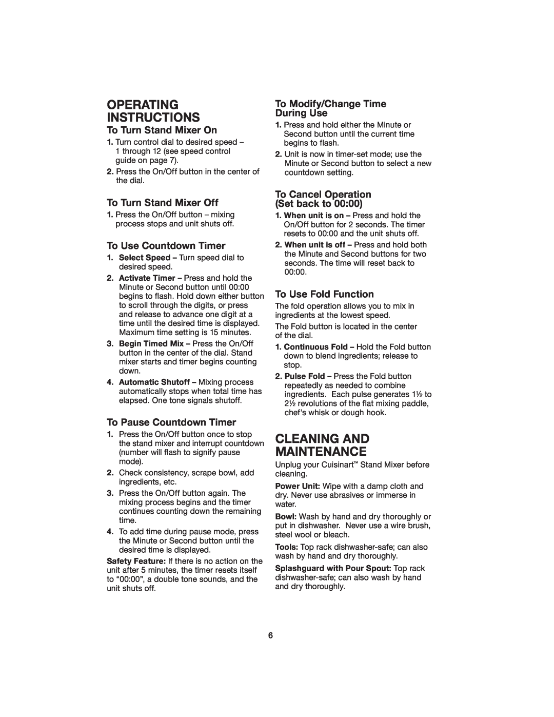 Cuisinart SM-55 Operating Instructions, Cleaning And Maintenance, To Turn Stand Mixer On, To Modify/Change Time During Use 