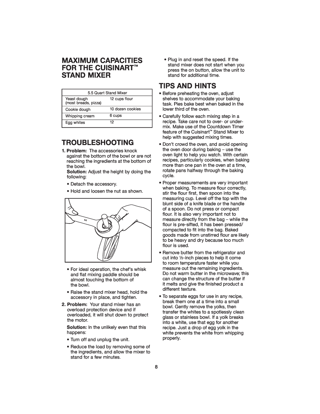 Cuisinart SM-55BK manual Troubleshooting, Tips And Hints, Maximum Capacities For The Cuisinart Stand Mixer 