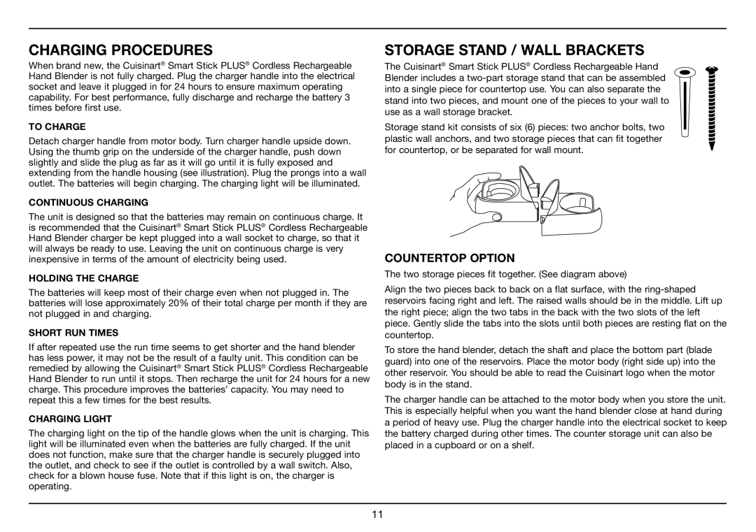 Cuisinart CSB-78, Smart Stick PLUS manual Charging Procedures, Storage Stand / Wall Brackets, Countertop Option 