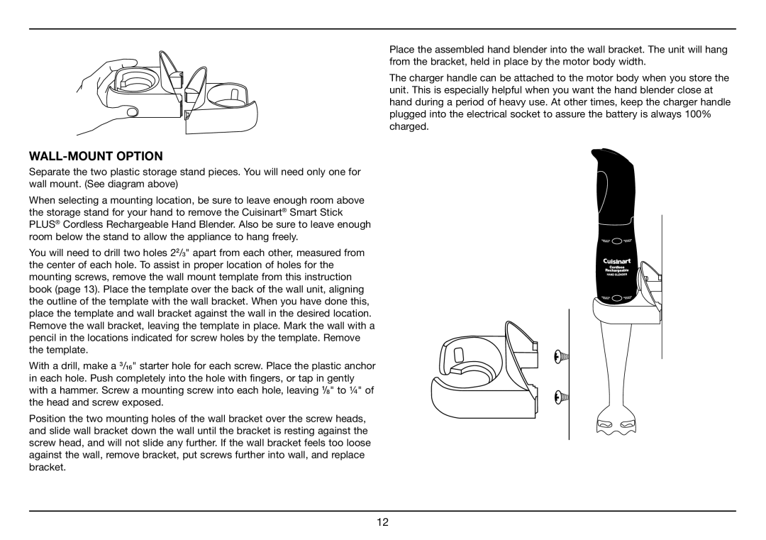 Cuisinart Smart Stick PLUS, CSB-78 manual WALL-MOUNT Option 