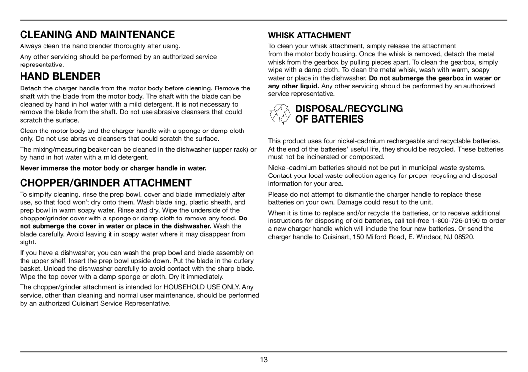 Cuisinart CSB-78 manual Cleaning and Maintenance, Hand Blender, CHOPPER/GRINDER Attachment, DISPOSAL/RECYCLING Batteries 