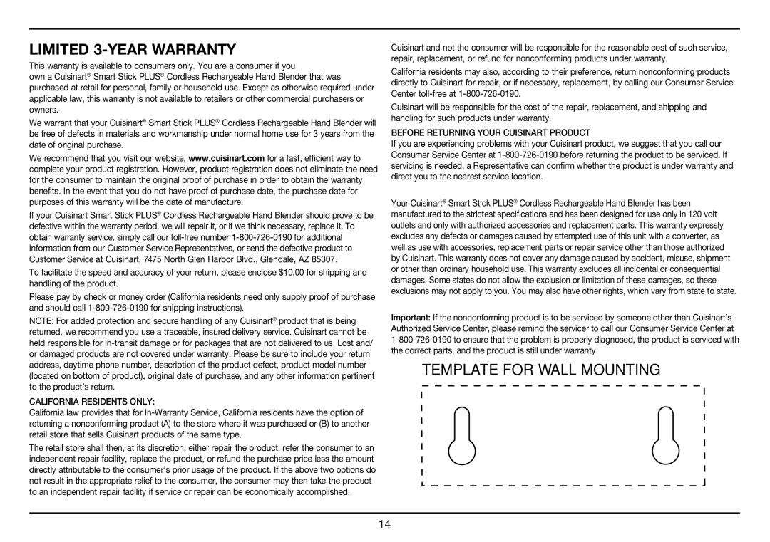 Cuisinart Smart Stick PLUS, CSB-78 manual Limited 3-YEAR Warranty, California Residents only 