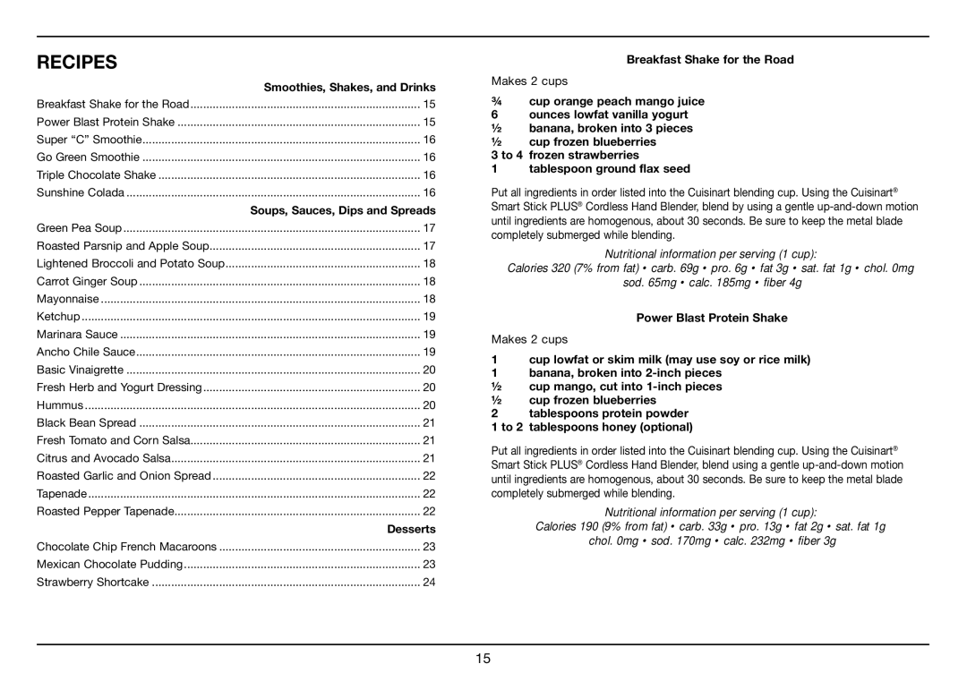 Cuisinart CSB-78, Smart Stick PLUS manual Recipes, Breakfast Shake for the Road, Makes 2 cups, Power Blast Protein Shake 