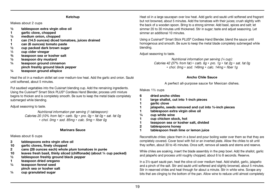 Cuisinart CSB-78, Smart Stick PLUS manual Ketchup, Marinara Sauce, Ancho Chile Sauce 