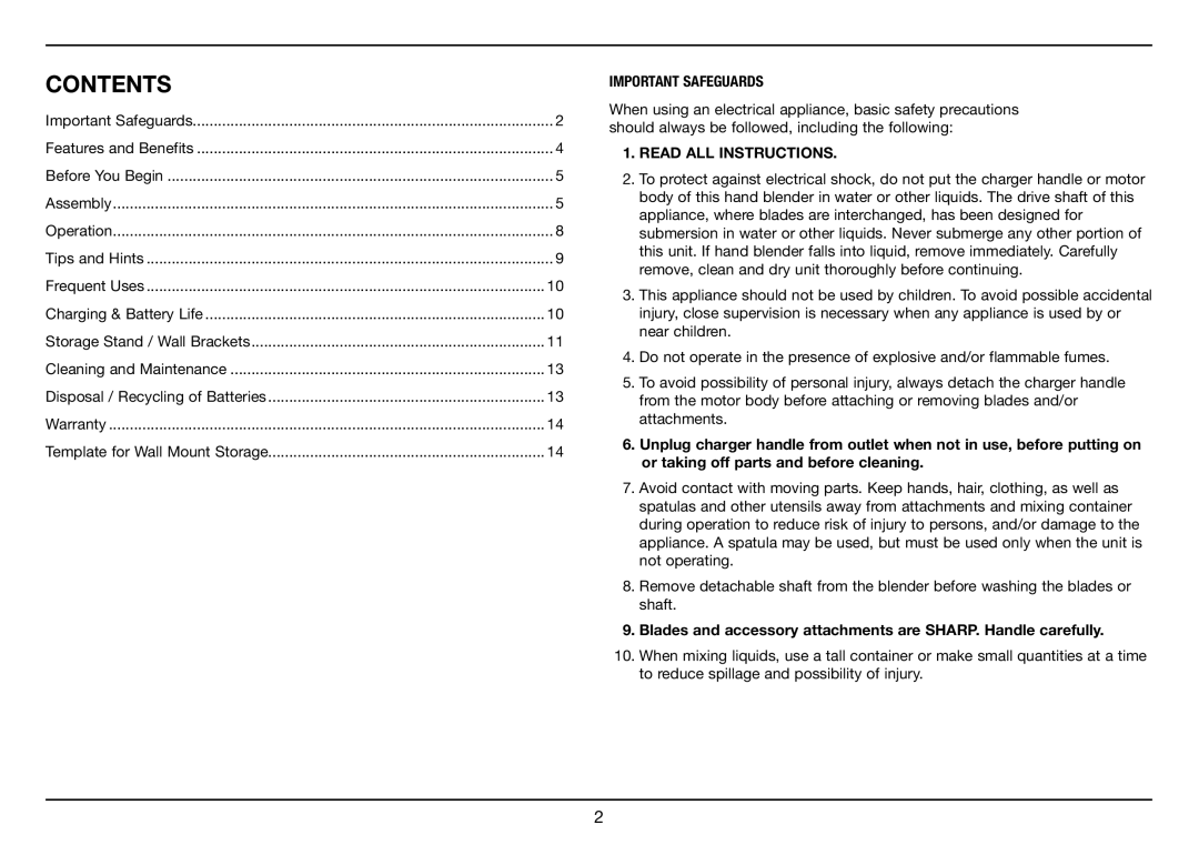 Cuisinart Smart Stick PLUS, CSB-78 manual Contents 