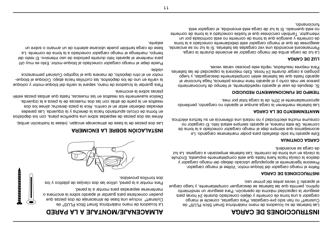 Cuisinart Smart Stick PLUS, CSB-78 manual Pared LA a ALMACENAJE/MONTAJE, Carga DE LUZ 