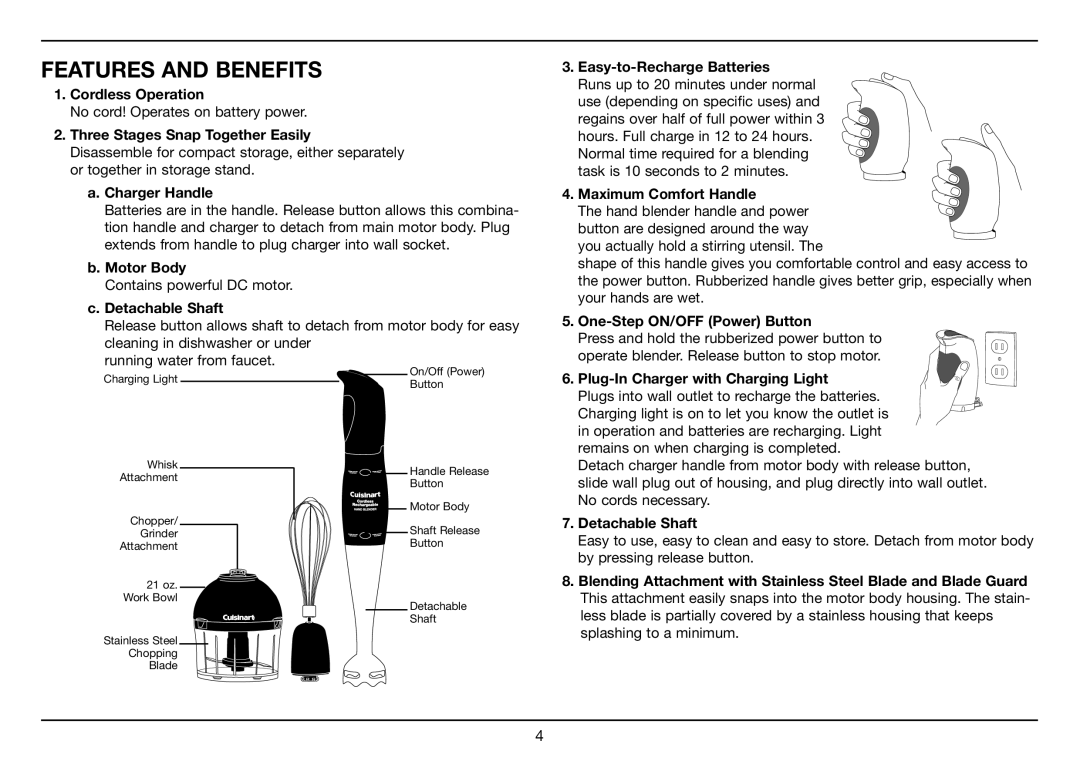 Cuisinart Smart Stick PLUS, CSB-78 manual Features and Benefits 