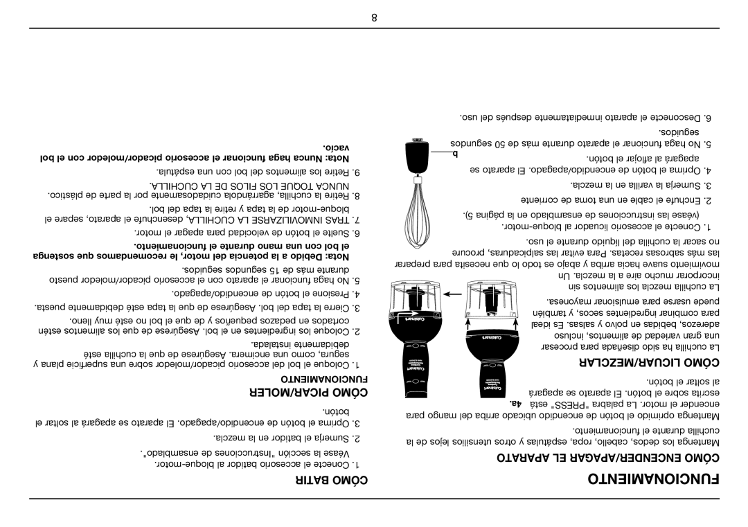 Cuisinart CSB-78, Smart Stick PLUS manual PICAR/MOLER Cómo, LICUAR/MEZCLAR Cómo, Aparato EL ENCENDER/APAGAR Cómo, Batir Cómo 