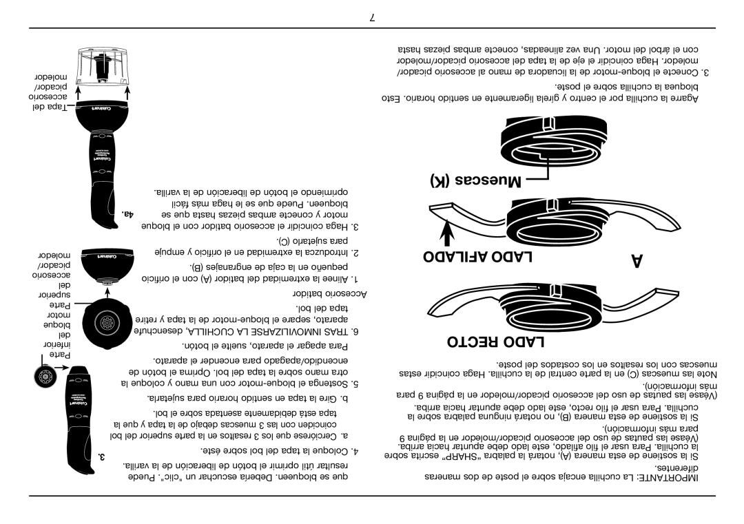 Cuisinart Smart Stick PLUS, CSB-78 manual Afilado Lado Recto Lado 