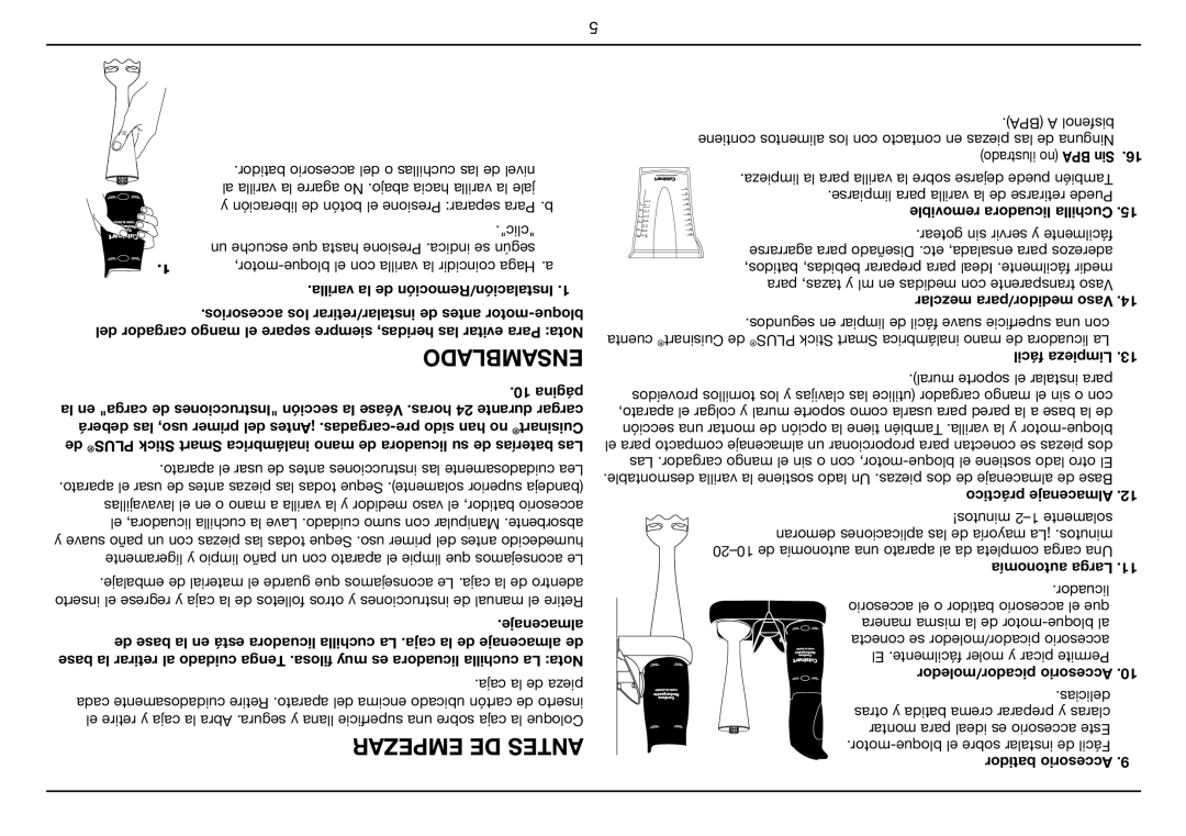 Cuisinart Smart Stick PLUS, CSB-78 manual Ensamblado, Empezar DE Antes 