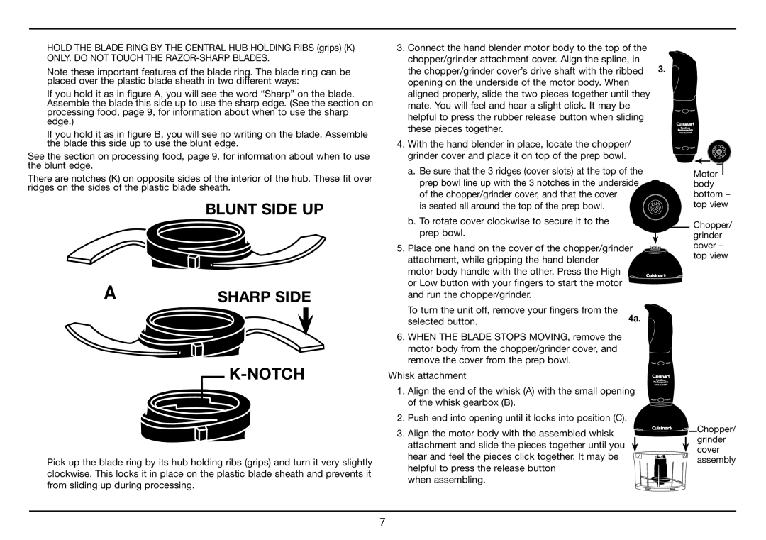 Cuisinart CSB-78, Smart Stick PLUS manual Blunt Side UP, ONLY. do not Touch the RAZOR-SHARP Blades 