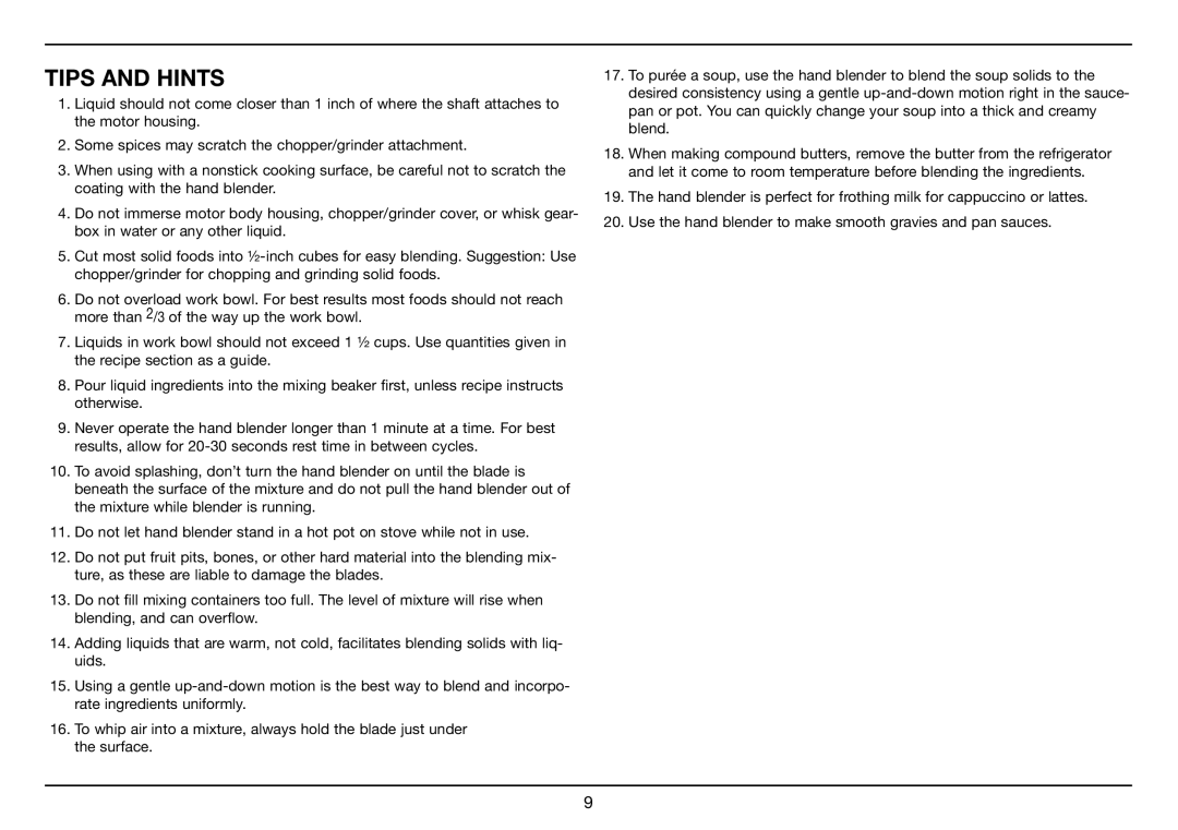 Cuisinart CSB-78, Smart Stick PLUS manual Tips and Hints 