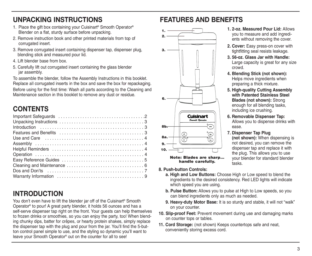 Cuisinart SMO-56 manual Unpacking Instructions, Features and Benefits, Contents, Introduction 