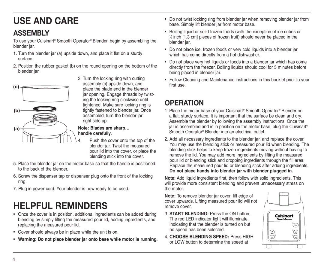 Cuisinart SMO-56 manual Assembly, Operation, Assembled, turn the blender jar, Right-side up, Blending stick into the cover 