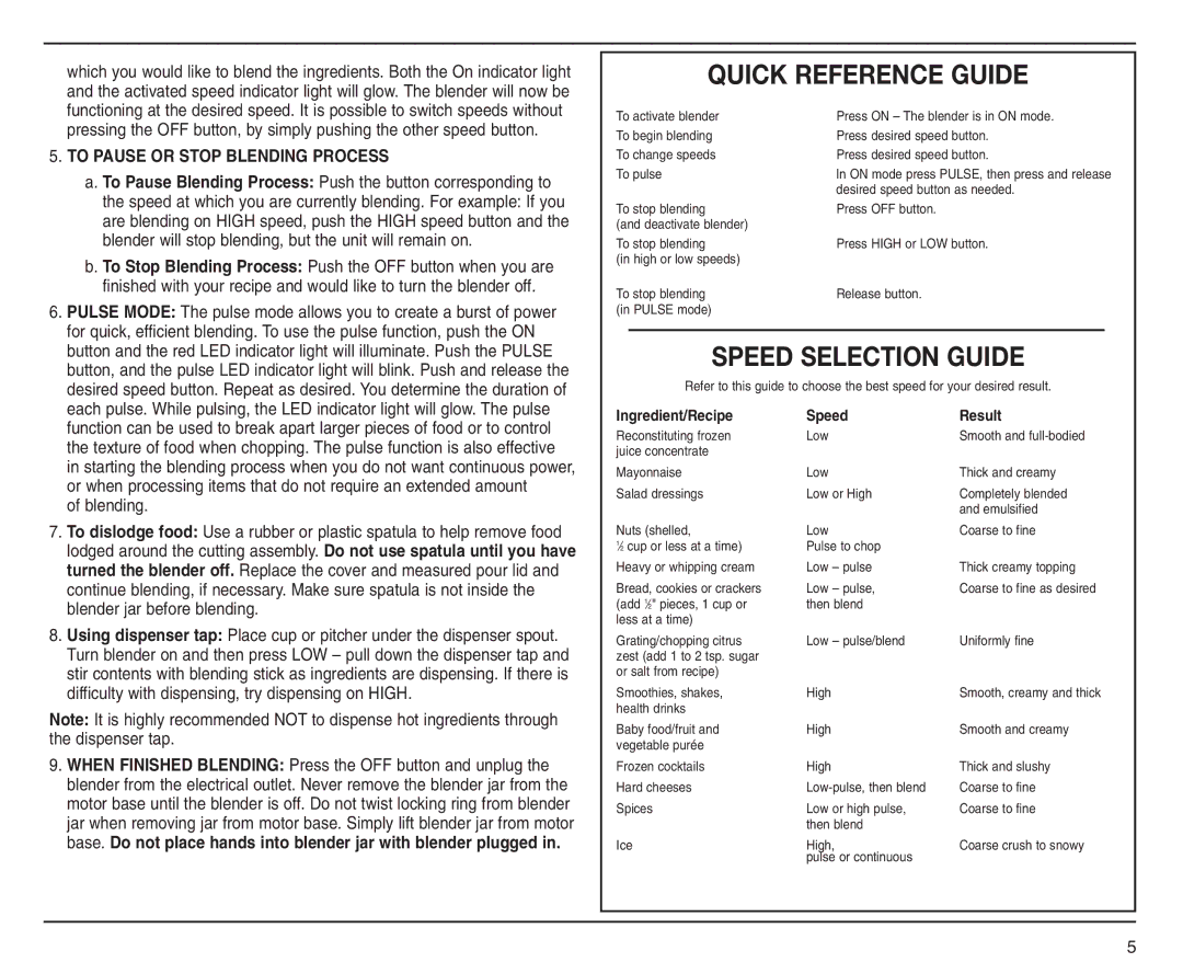 Cuisinart SMO-56 Quick Reference Guide, Speed Selection Guide, To Pause Blending Process Push the button corresponding to 