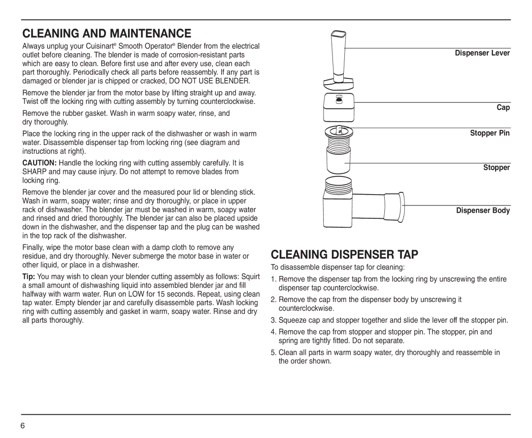 Cuisinart SMO-56 manual Cleaning and Maintenance, Cleaning Dispenser TAP 