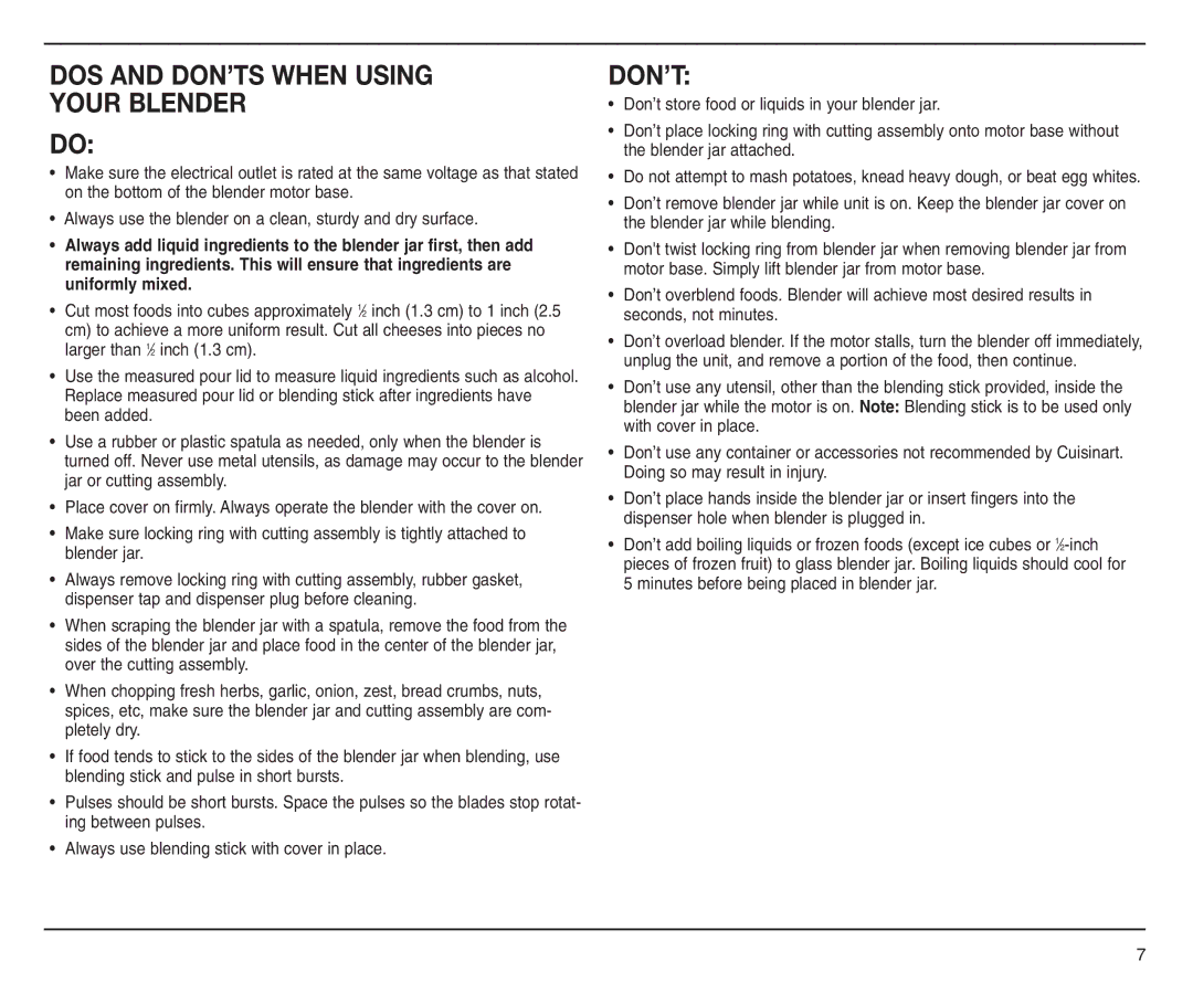 Cuisinart SMO-56 manual DOS and DON’TS When Using Your Blender, Don’T 