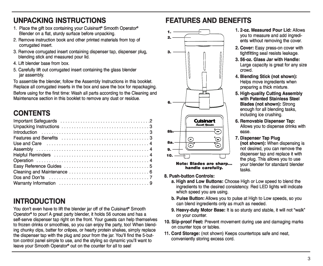 Cuisinart SMO-56 manual Unpacking Instructions, Features And Benefits, Contents, Introduction, 56-oz. Glass Jar with Handle 