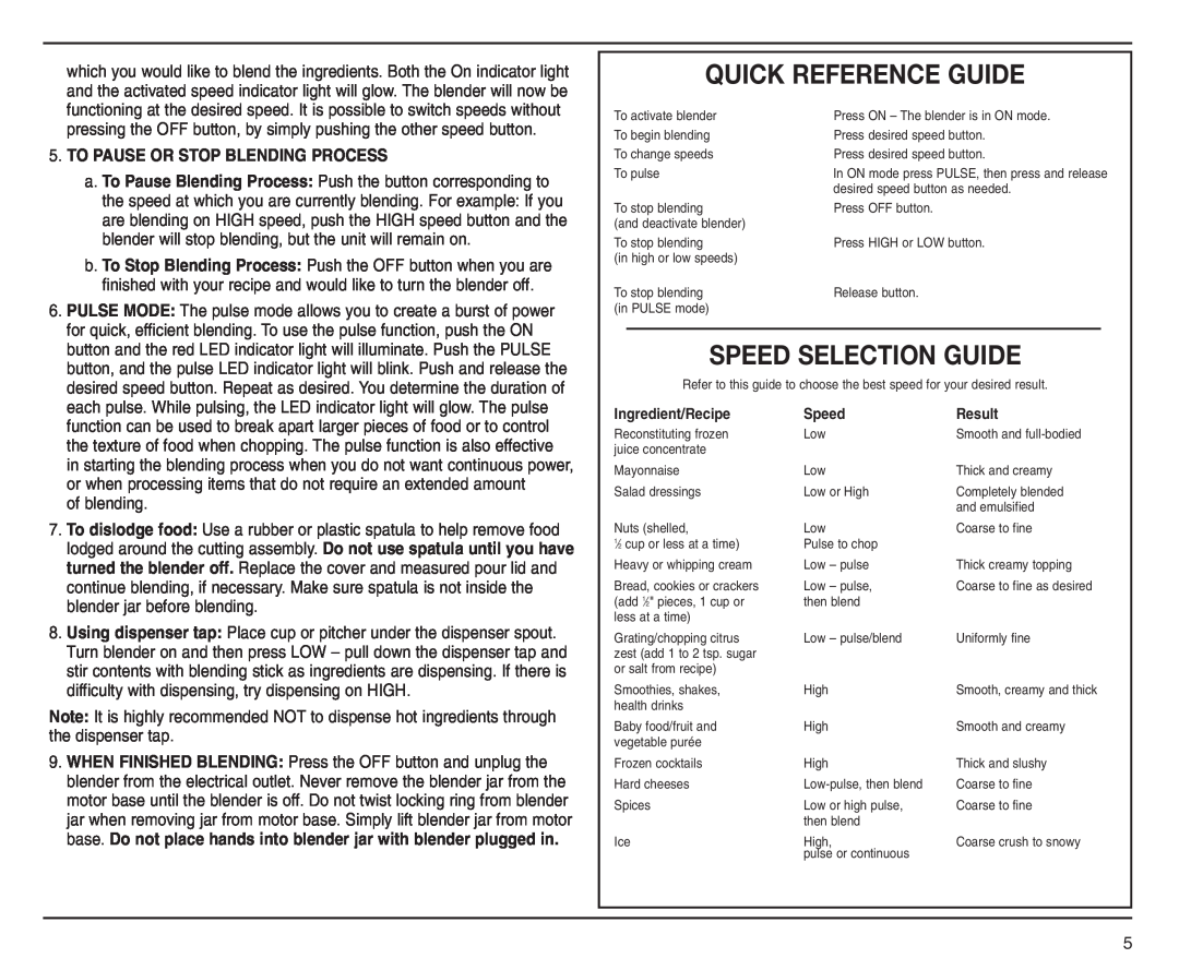 Cuisinart SMO-56 manual Quick Reference Guide, Speed Selection Guide, To Pause Or Stop Blending Process, Ingredient/Recipe 