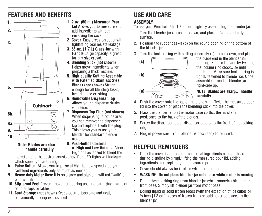 Cuisinart SMO-56C manual Features and Benefits, USE and Care, Helpful Reminders, Assembly 