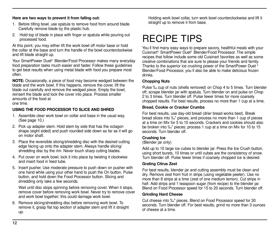 Cuisinart SMT0025IB-1-1, IB-9570, BFP-703 manual Recipe Tips 