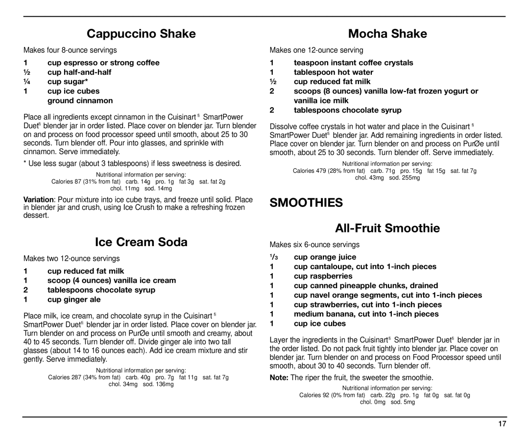 Cuisinart BFP-703, SMT0025IB-1-1, IB-9570 manual Cappuccino Shake, Ice Cream Soda, Smoothies, All-Fruit Smoothie 