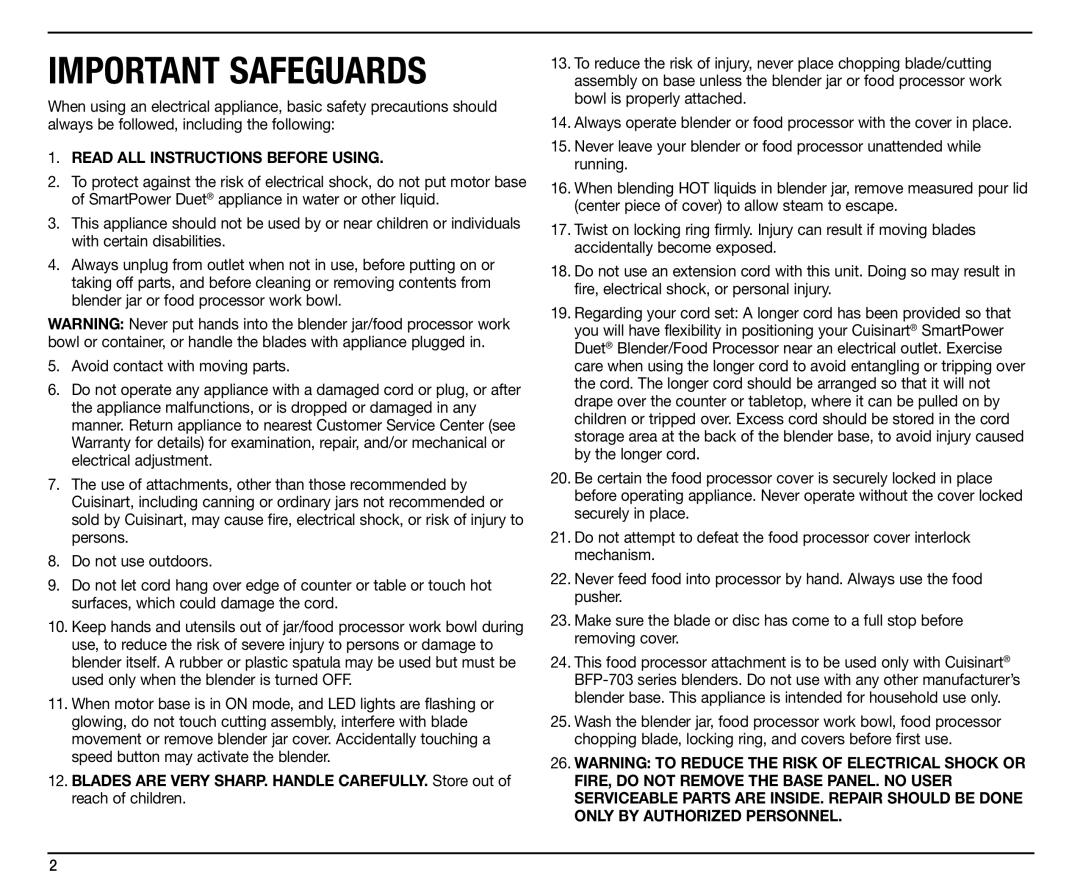 Cuisinart BFP-703, SMT0025IB-1-1, IB-9570 manual Important Safeguards, Read ALL Instructions Before Using 